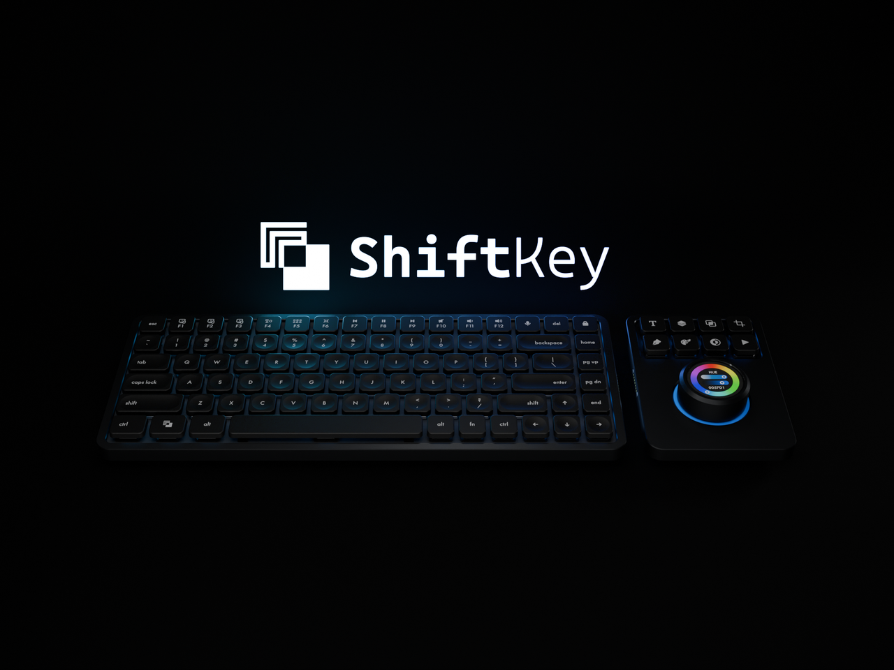 The ShiftKey keyboard and its dial module glowing on a black background, under the ShiftKey logo.