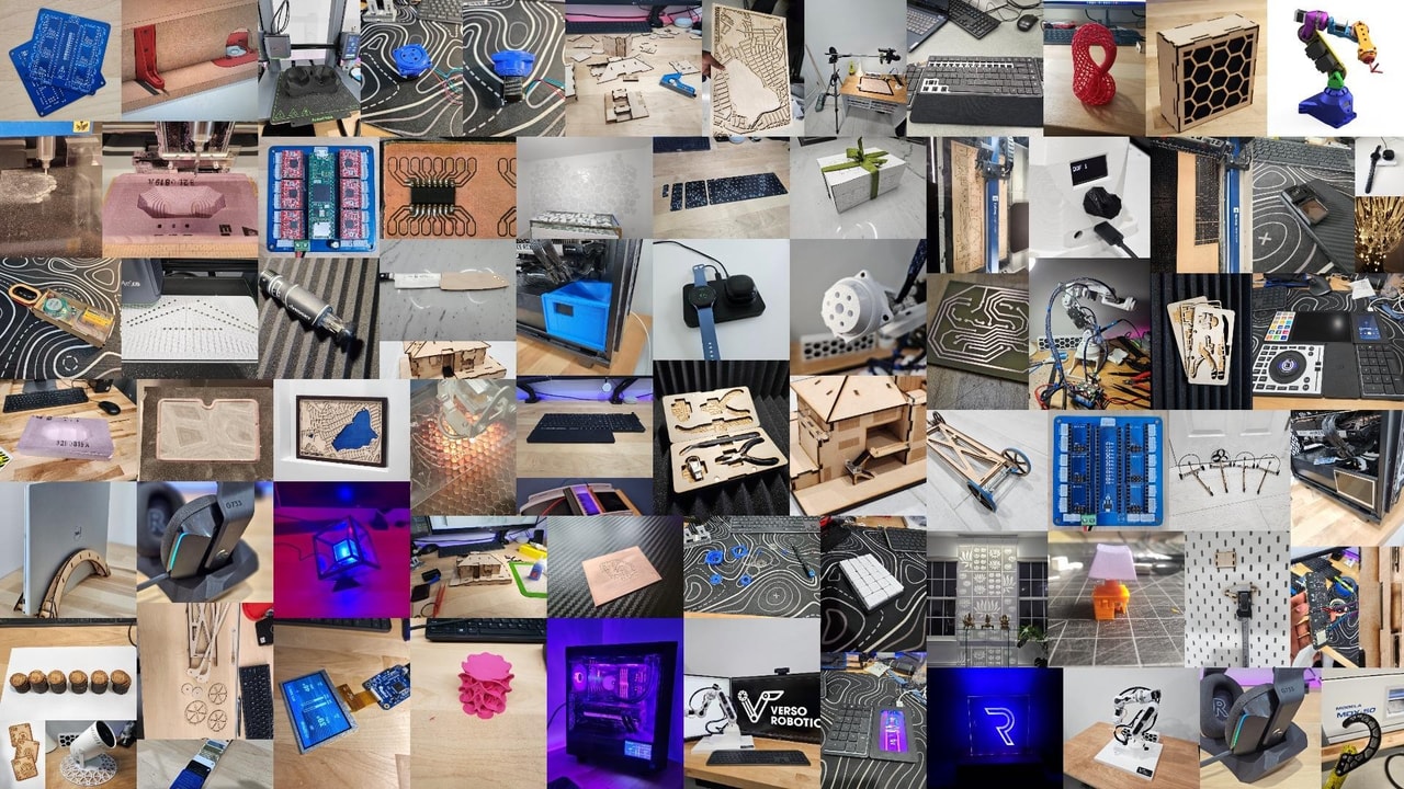 A collage of dozens of Sahil's projects, from circuit boards and laser-cut models to keyboards and robot arms.